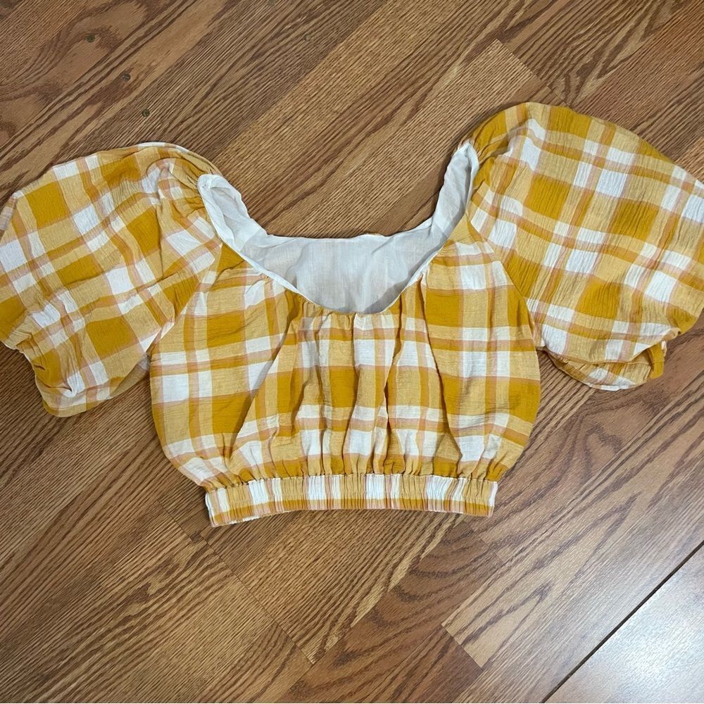 MNG by Mango Yellow Plaid Cotton Cropped Peasant Top Sz-S NWT! - Picture 4 of 9